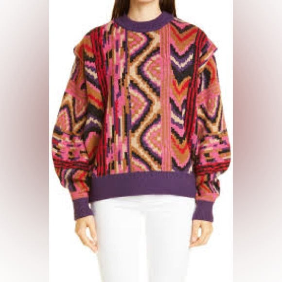 FARM Rio Sweaters - FARM Rio Red Striped Patchwork Sweater slouchy shoulders chevron pattern Small